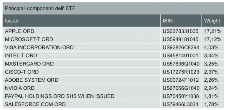 Xtrackers MSCI World Information Technology UCITS ETF 1C, ticker XDWT, ISIN IE00BM67HT60. Ecco le principali azioni del suo paniere.