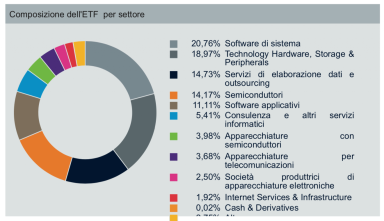 Xtrackers MSCI World Information Technology UCITS ETF 1C, ticker XDWT, ISIN IE00BM67HT60. Composizione per settore.